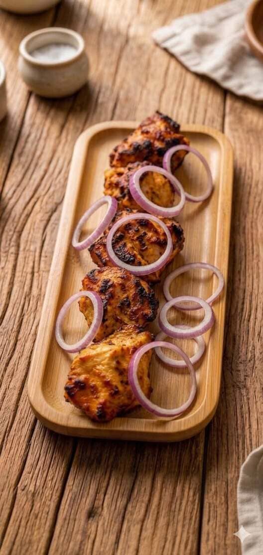 Chicken mtsvadi platter with red onion